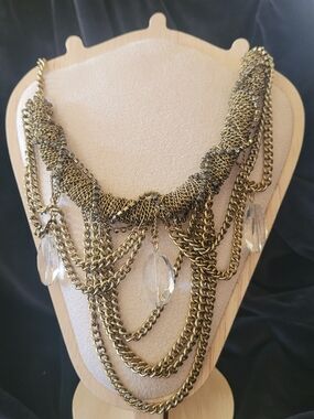 Statement Gold Chain Bib Necklace with Clear Crystal Drops